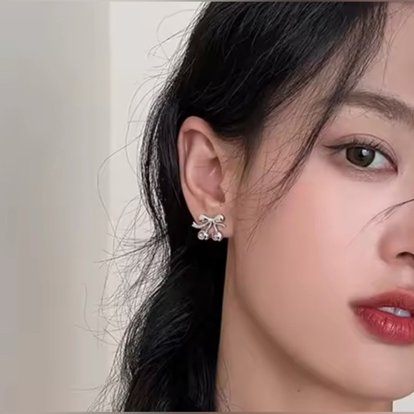 Sterling Silver Twin Cherry Bow Earrings with Ruby Accents 925 Stamped - Picture 3 of 7